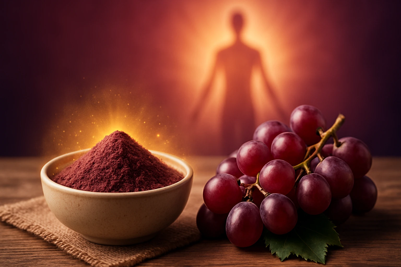 Miska s červeným práškom a hroznové bobule na drevenom stole.