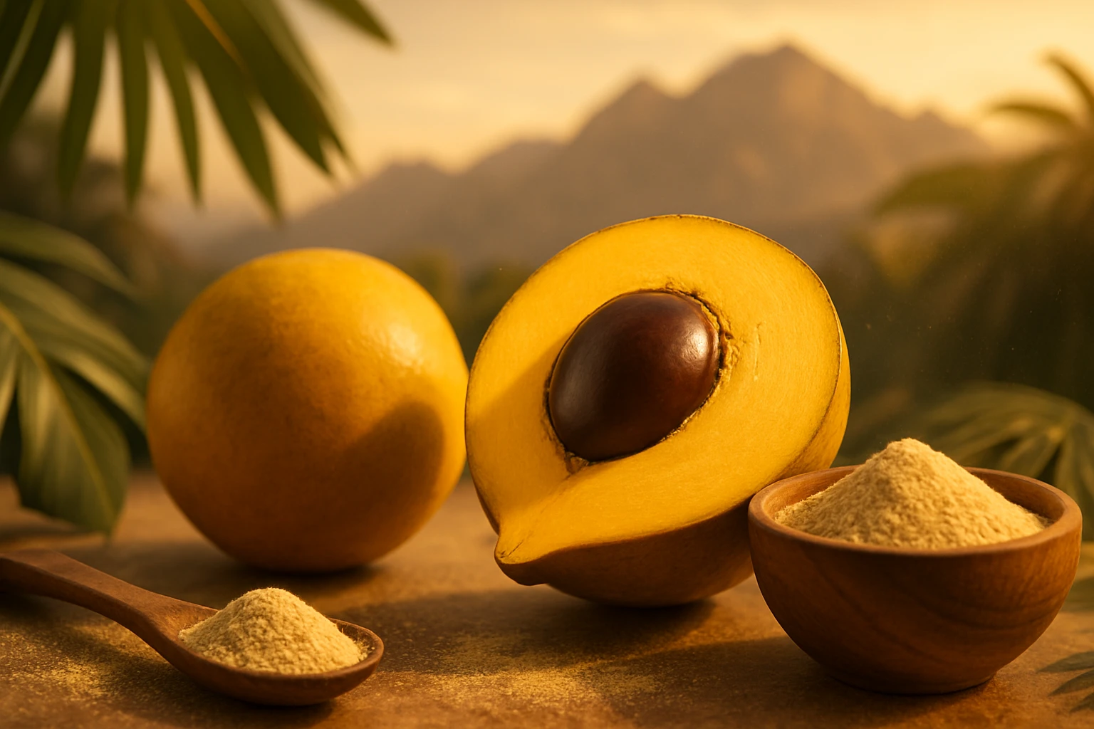 Žlté ovocie s hnedým semenom a prášok z neho na drevenej lyžici a miske.