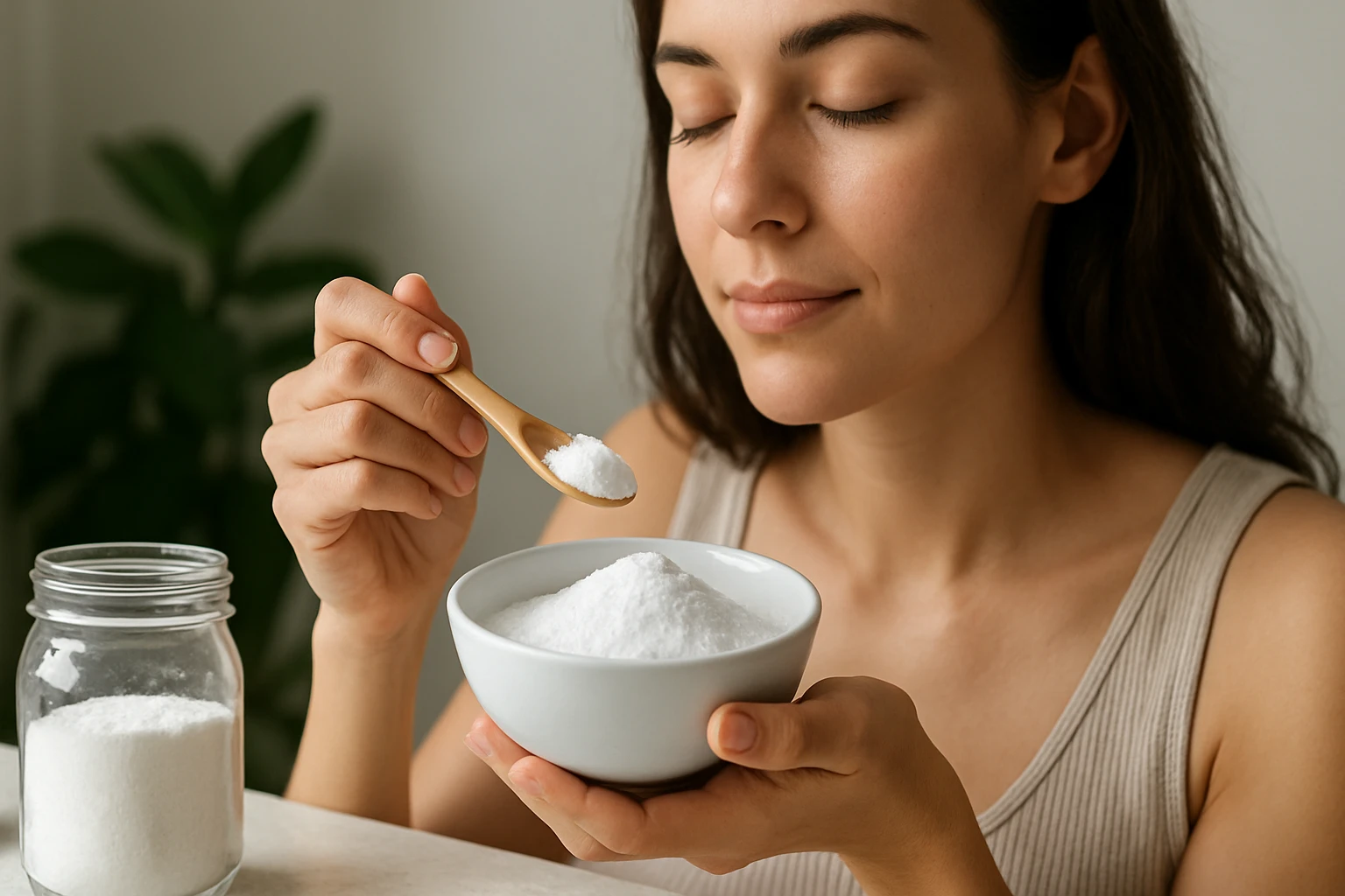 Žena s uzavretými očami drží lyžicu so soľou nad miskou so soľou.