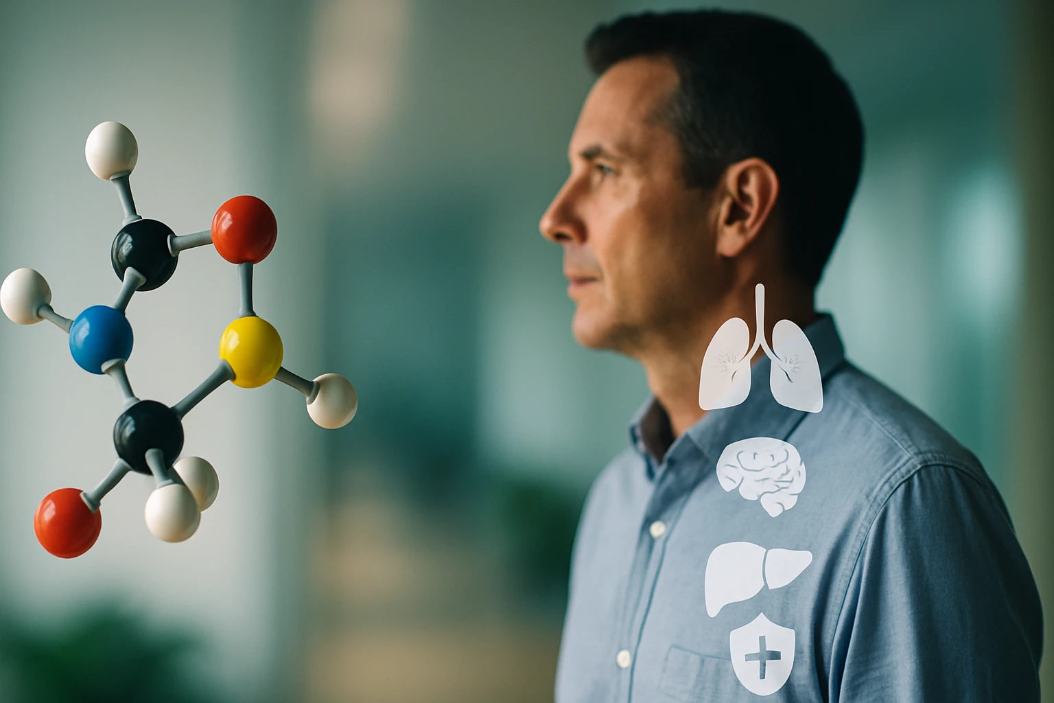 Muž sleduje molekulu, ktorá symbolizuje zdravie a biológiu.
