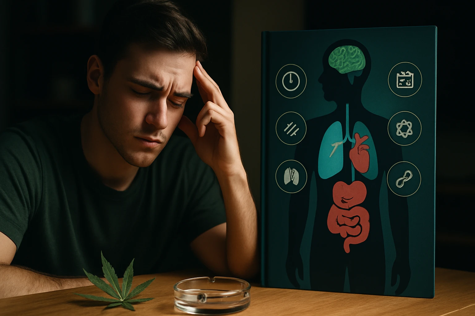 Mladý muž s bolestivým výrazom sedí pri stole s knihou o ľudskom tele.