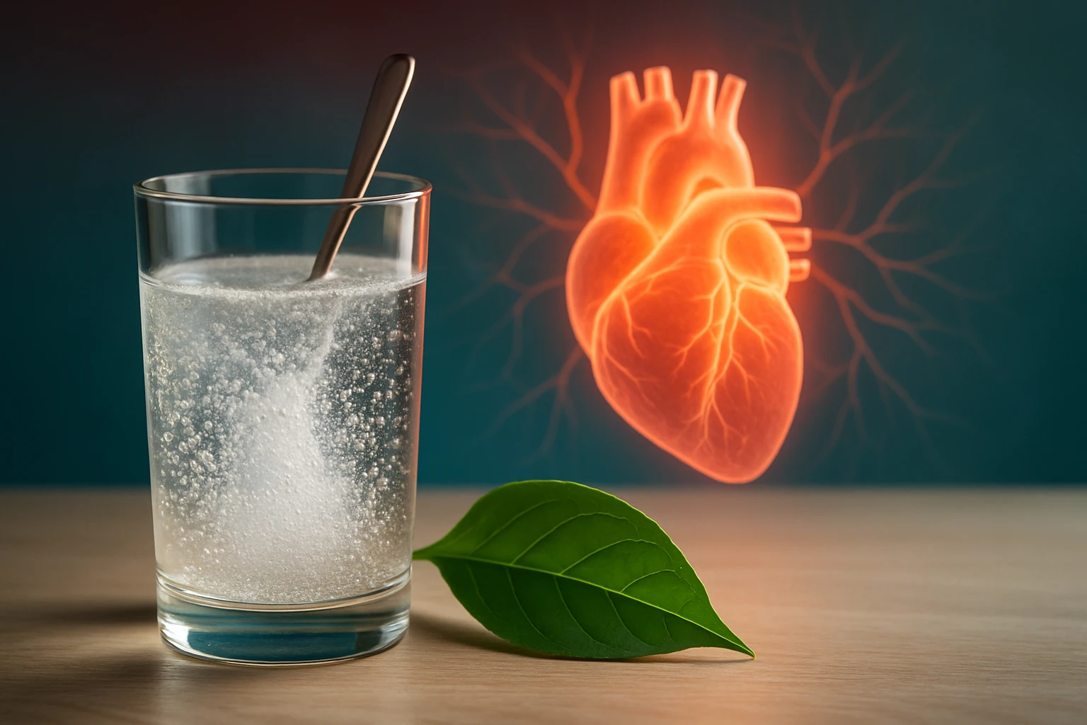 Sklenený pohár s perlivou vodou a lyžičkou, vedľa list zelene.