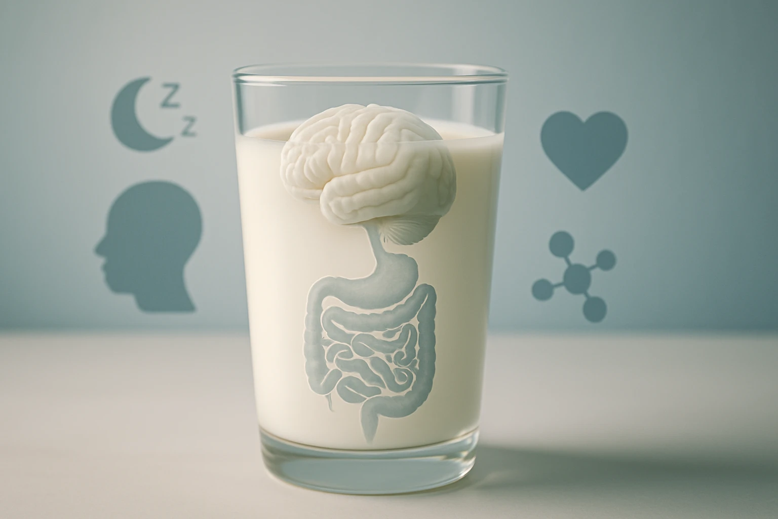 Pohár mlieka, v ktorom je zobrazený mozog a tráviaci trakt.