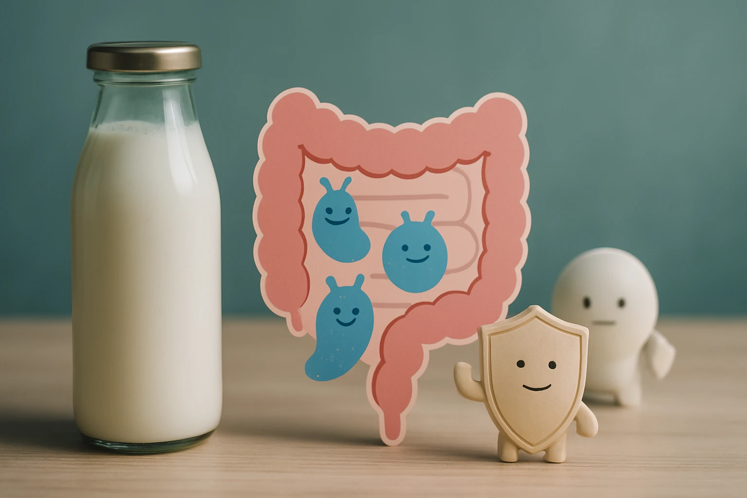 Fľaša mlieka a ilustrácia čriev s veselými baktériami a postavičkami.