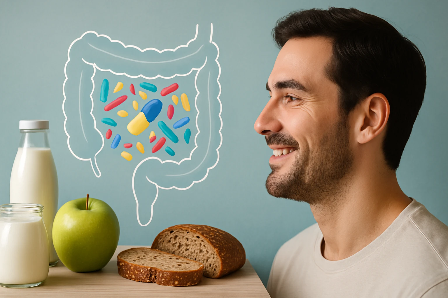 Muž sa usmieva, miközben a bélflórát ábrázoló grafika látható mögötte.