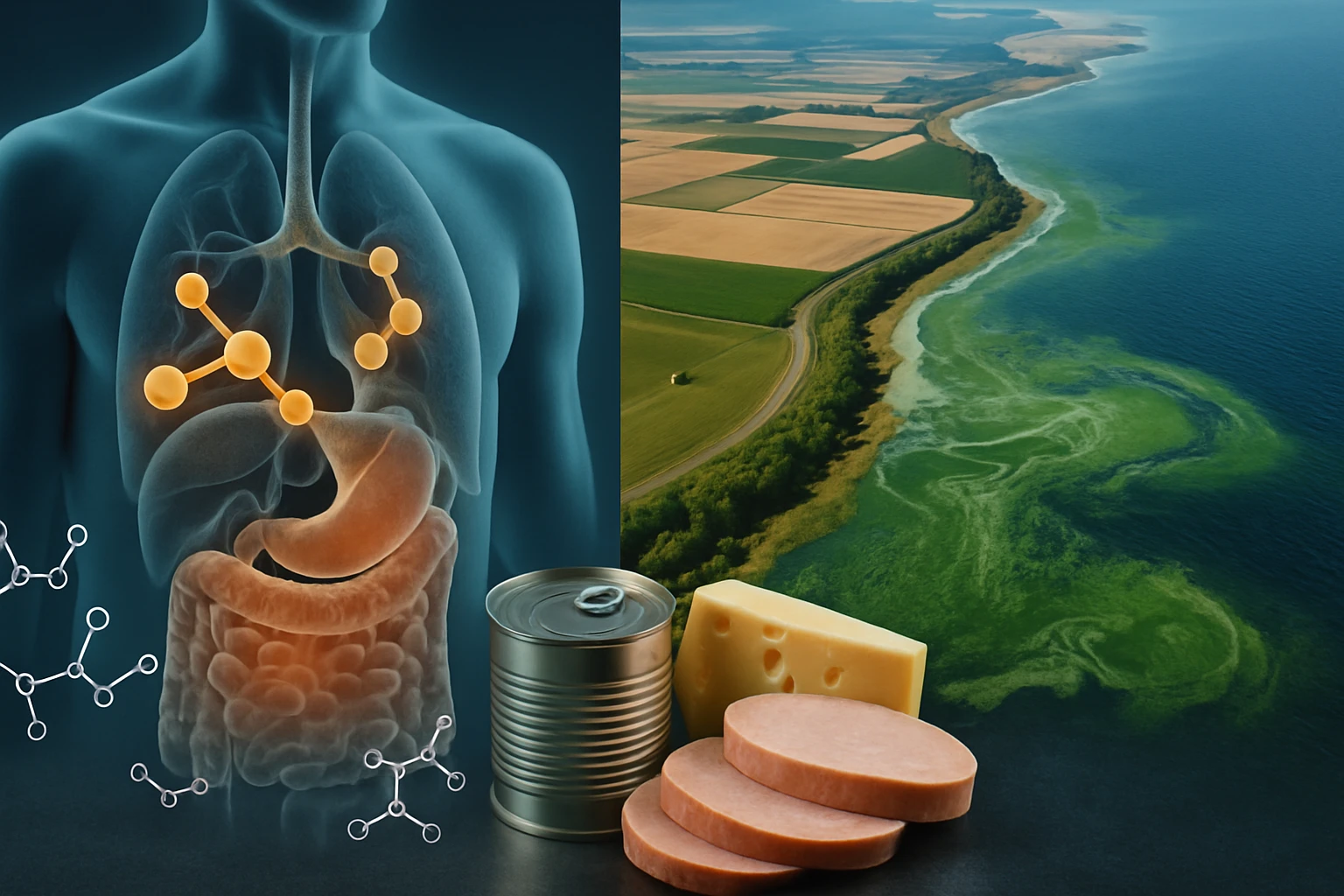 Ilustrácia zobrazuje ľudské pľúca a tráviaci systém vedľa potravín ako konzervy a syr.