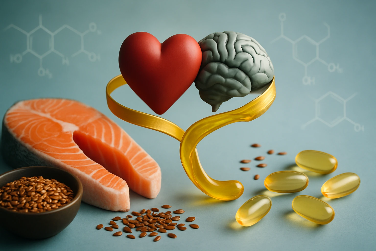 Na obrázku je červené srdce a šedý mozog obklopené rybím mäsom a olejovými kapsulami.