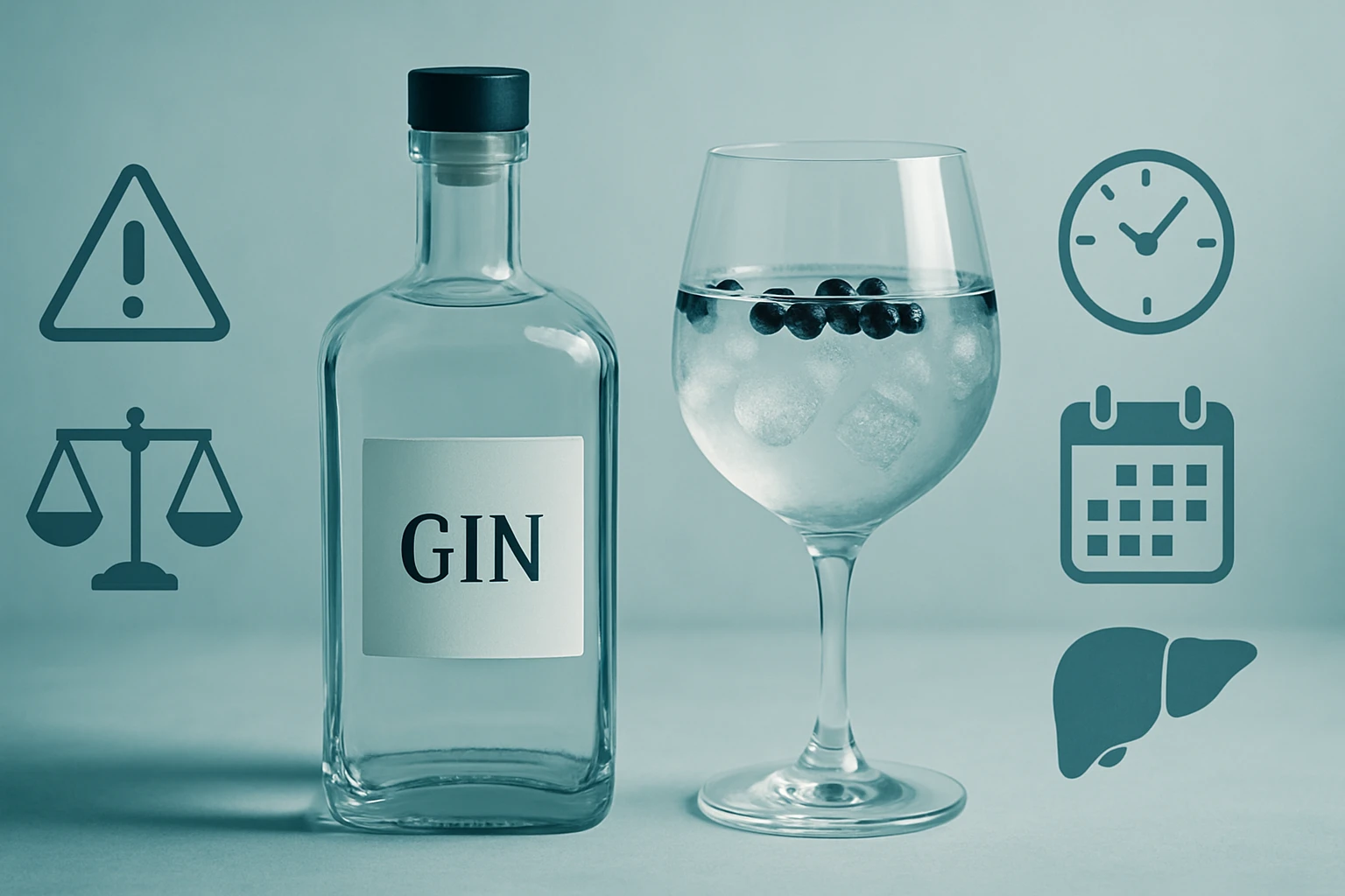 Fľaša ginu a pohár s ginom, v pozadí ikony varovania a zdravia.