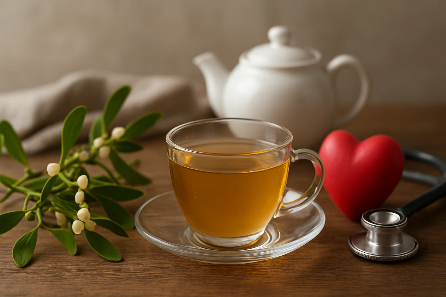 Sklenený pohár s bylinkovým čajom, vedľa čajník a červené srdce.