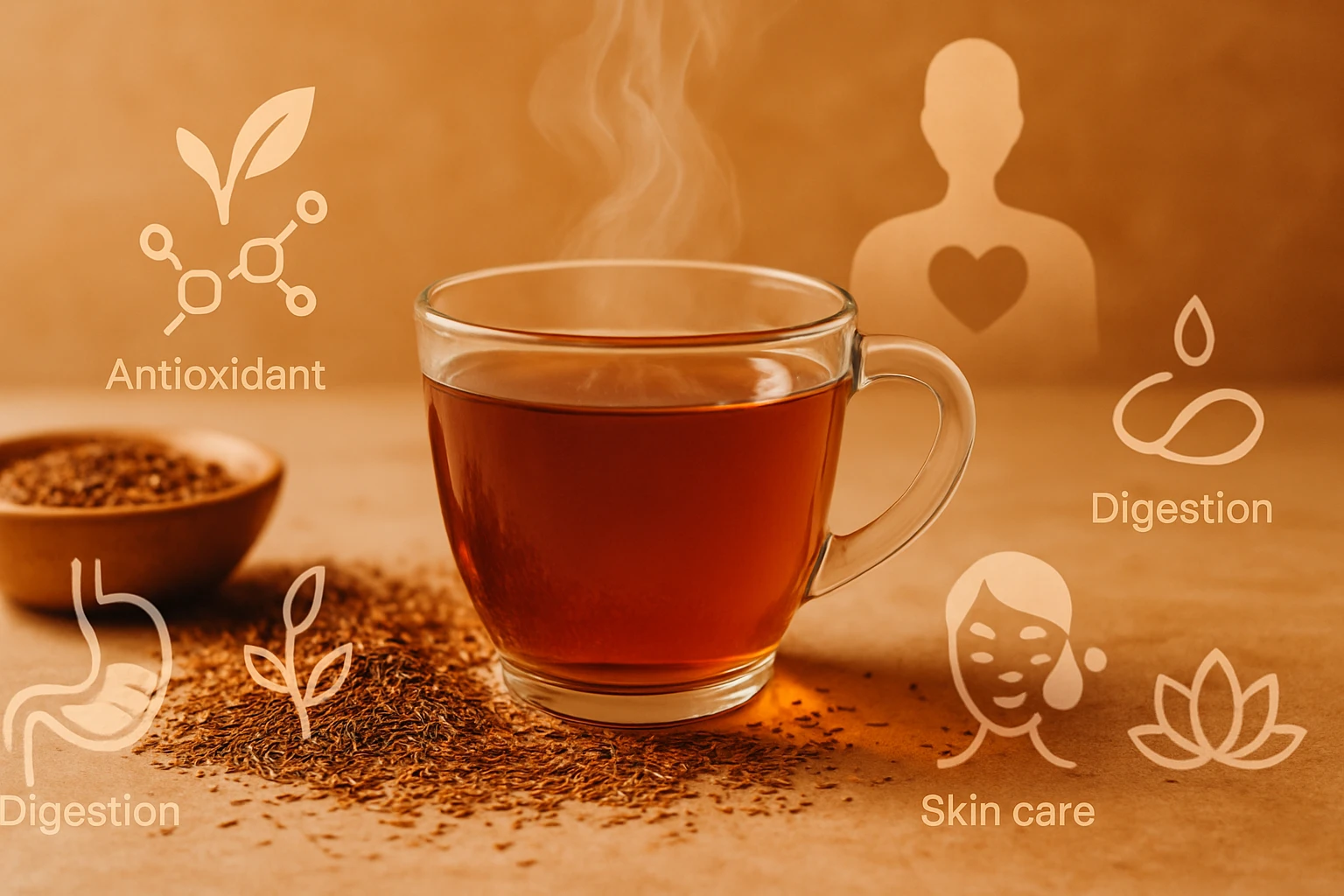 Šálka teplého čaju s parou, okolo sú ikony zdravej výživy.