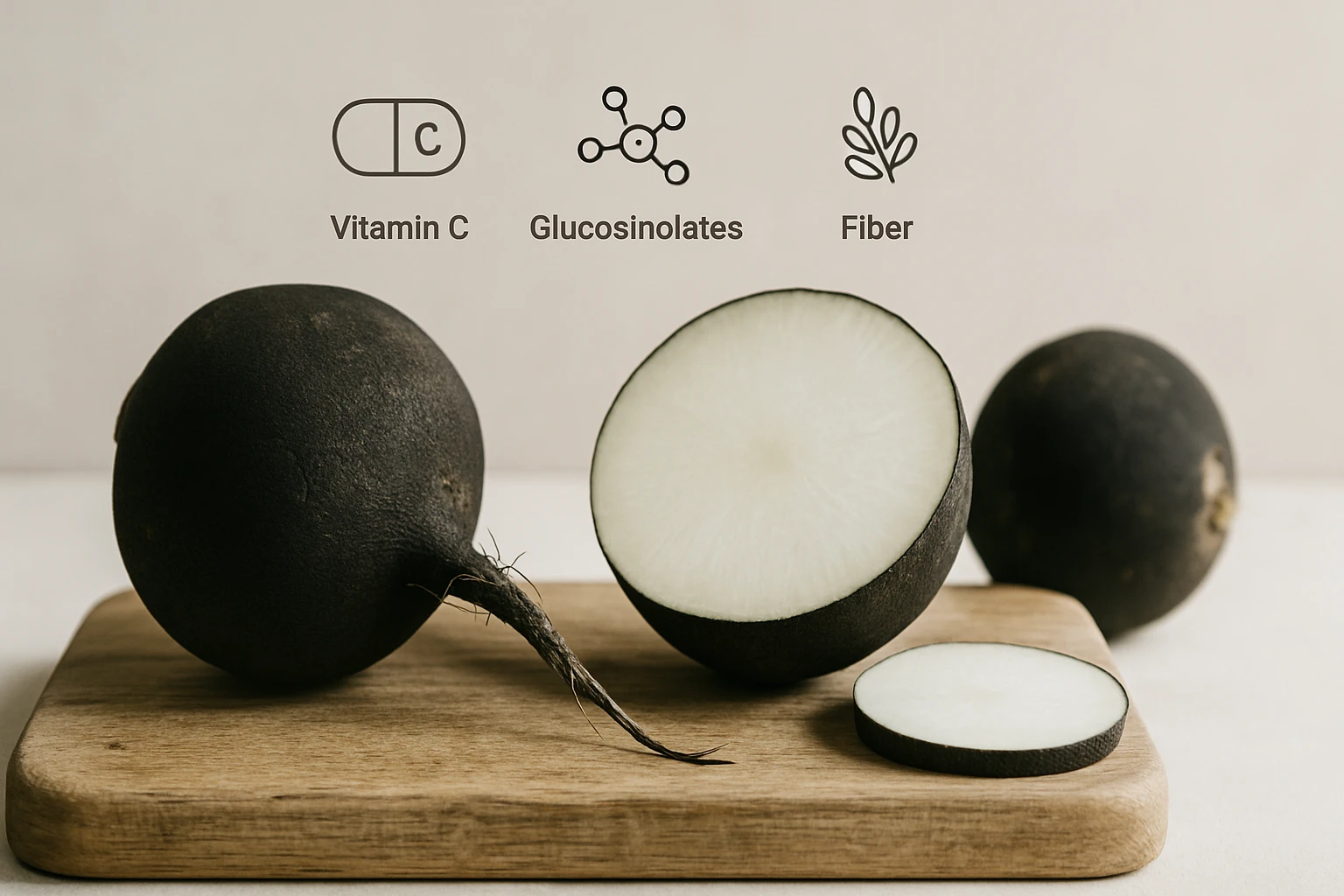 Čierna reďkovka rozrezaná na plátky, zobrazená na drevenej doske.