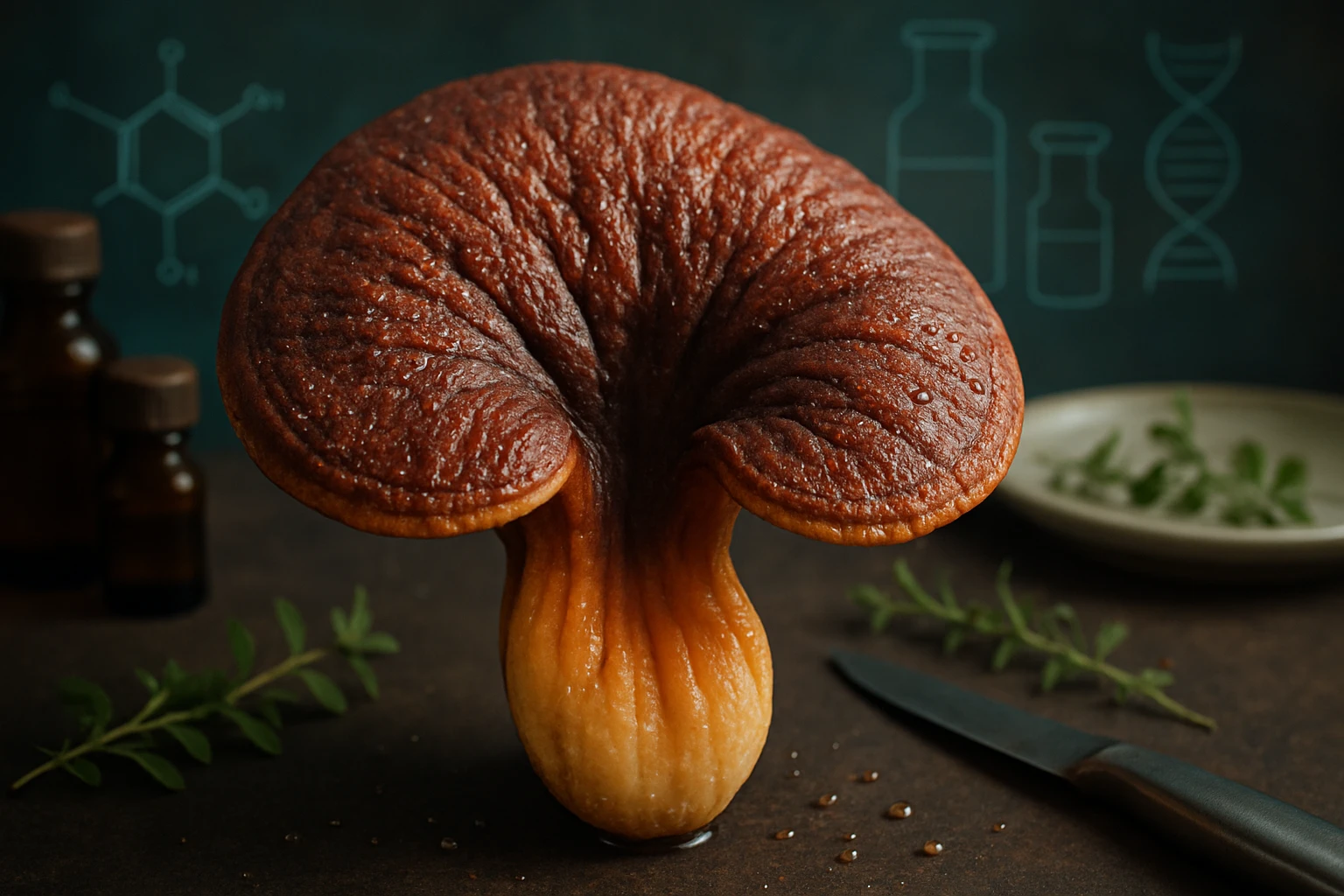 Huba s hnedou farbou a lesklým povrchom, vedľa sú fľaštičky a bylinky.