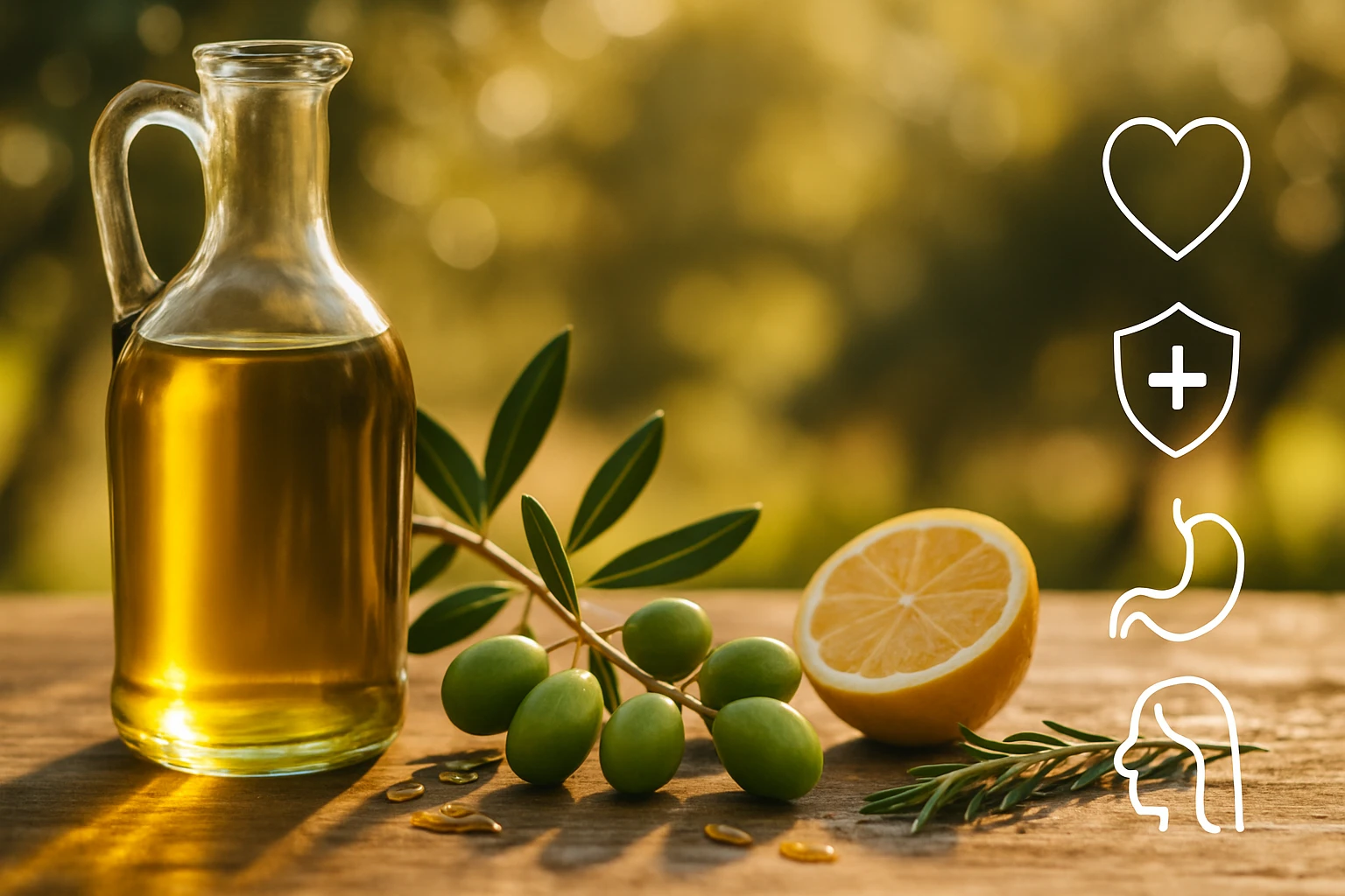 Sklenená karafa s olivovým olejom, olivy a citrón na drevenom stole.