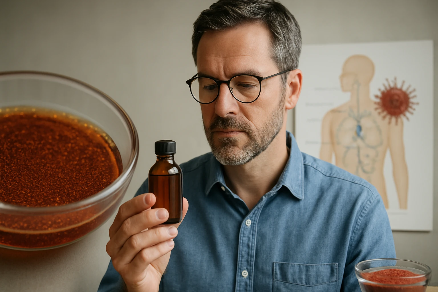 Muž skúma hnedú tekutinu v fľaši, vedľa je miska s podobnou substanciou.