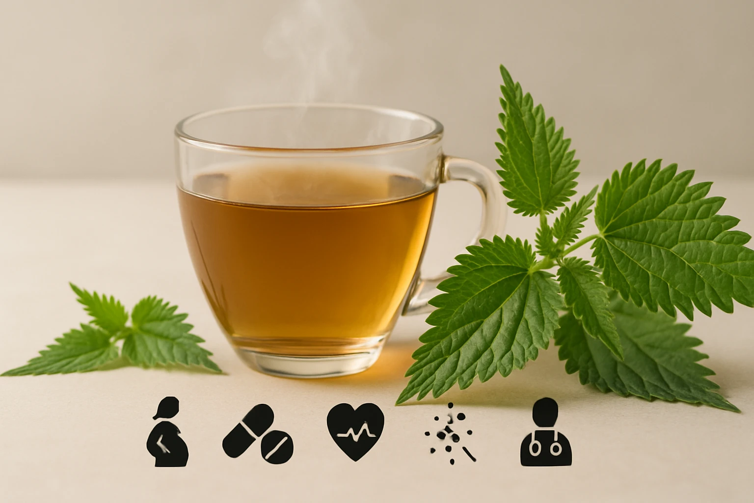 Horký šálka bylinkového čaju s čerstvými listami žihľavy vedľa.