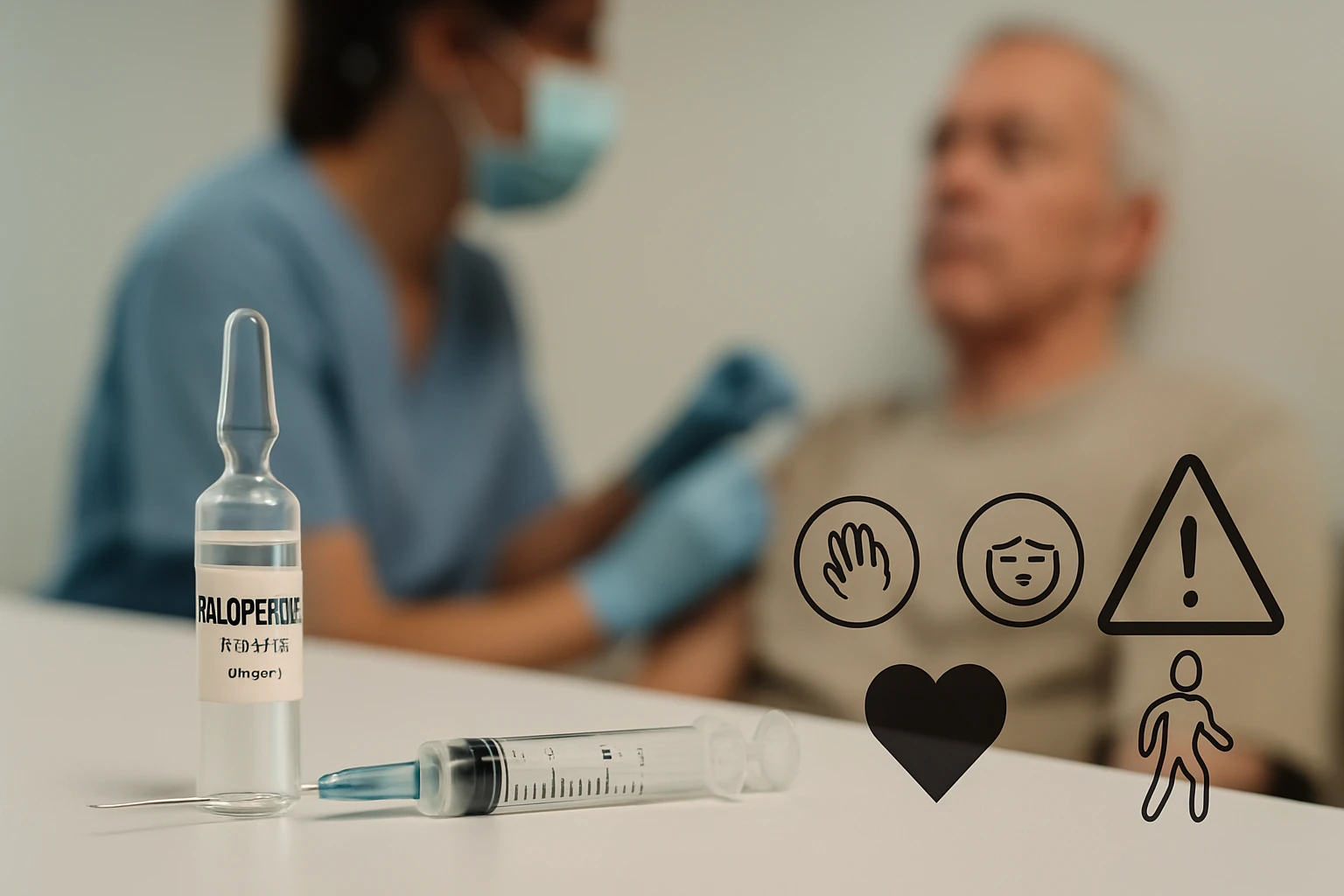 Sklenená ampulka s liekom a injekčná striekačka na stole v zdravotníckej miestnosti.