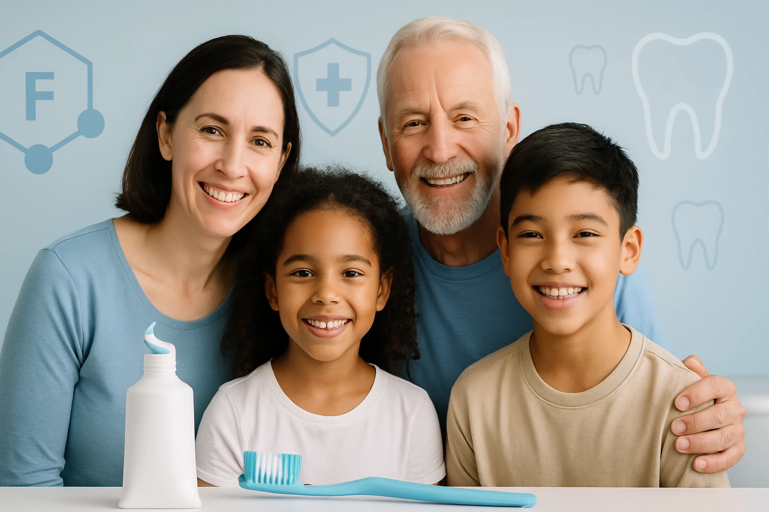 Rodina sa usmieva, a pred nimi sú zubná pasta a zubná kefka.