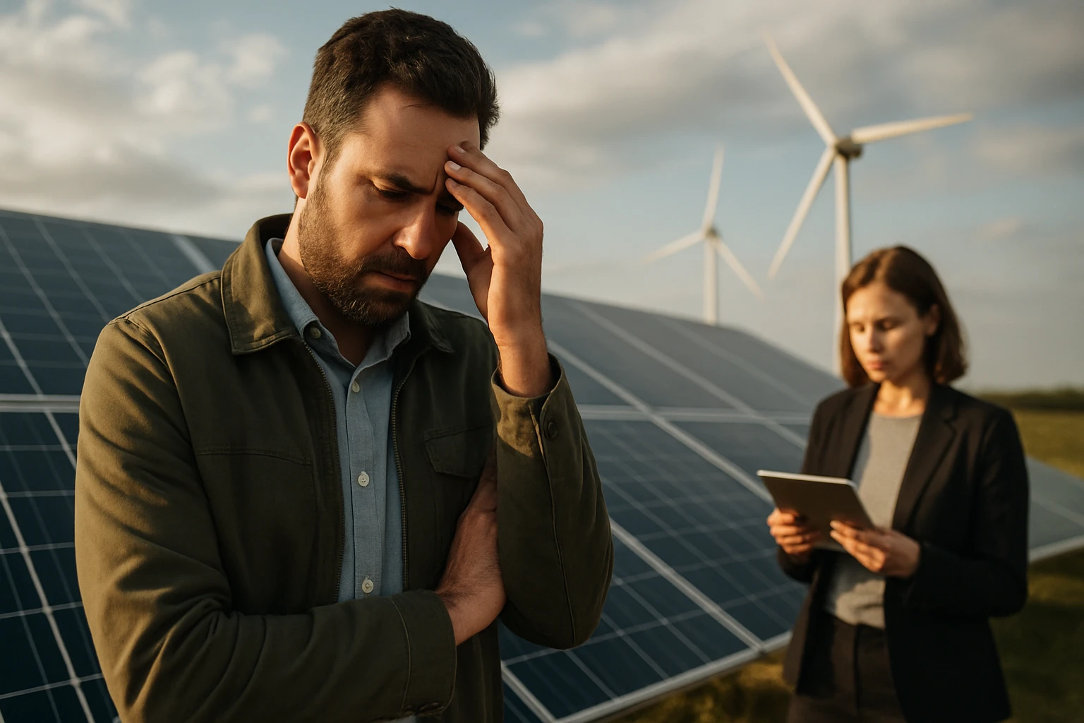 Muž so zamysleným výrazom áll a napenergia panelek előtt, míg egy nő táblagépet használ.