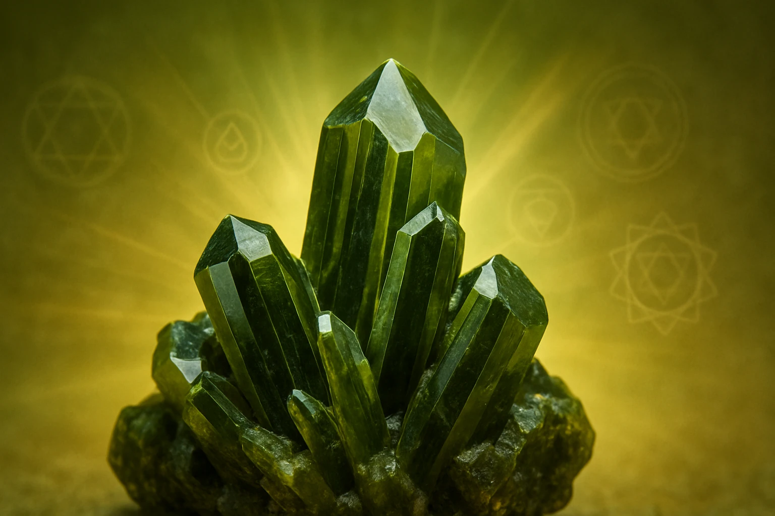 Zelený kryštál s ostrými hrotmi na pozadí s jemným svetlom.