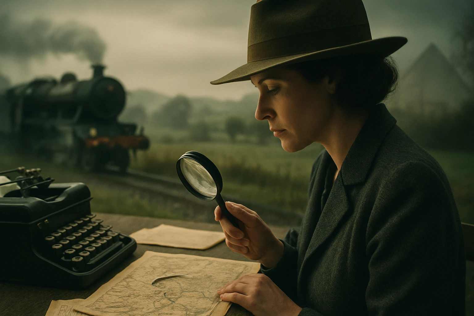 Žena v klobúku skúma mapu pomocou lupy, v pozadí parný vlak.