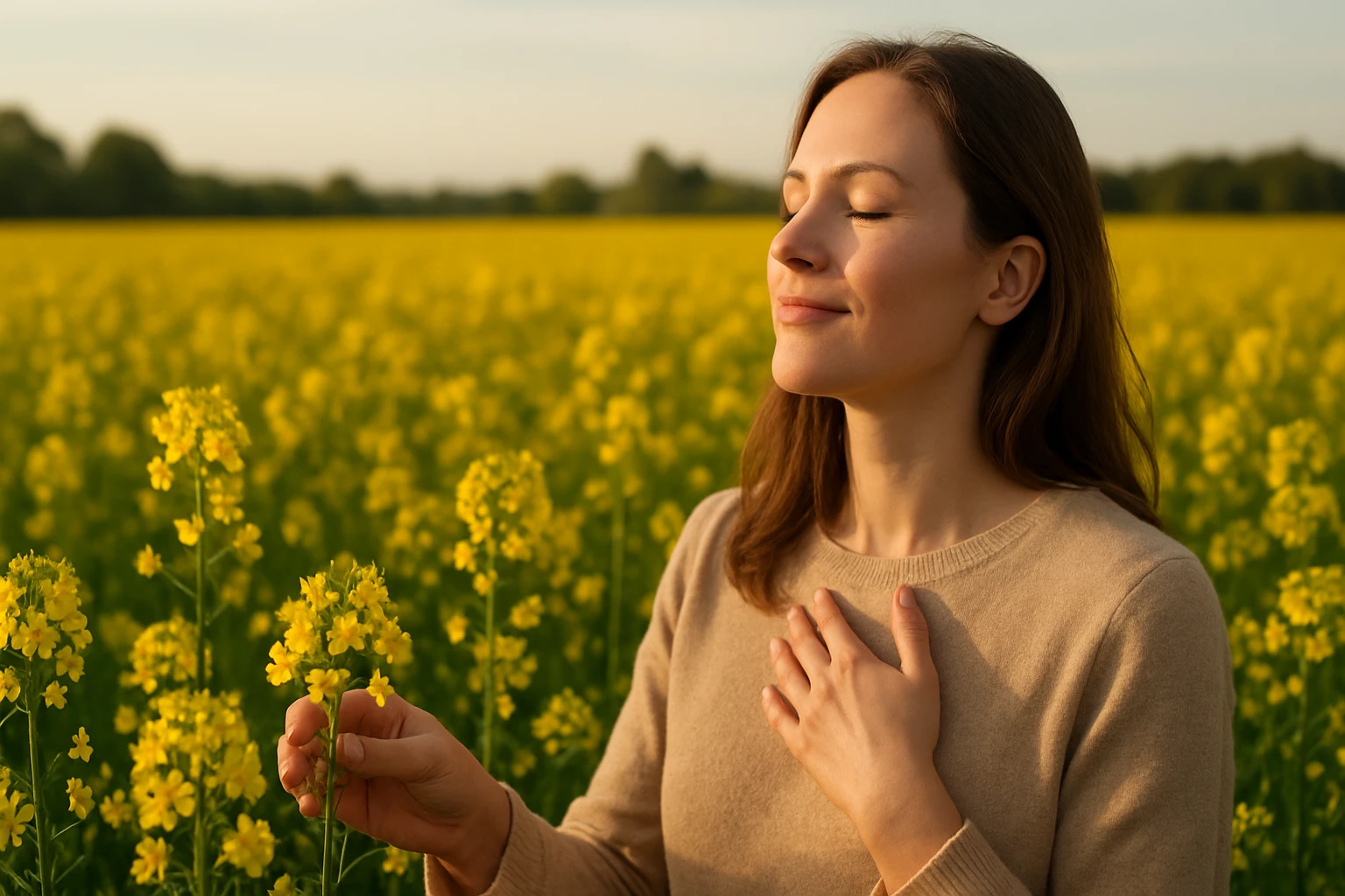 Žena v svetlom svetrí stojí v poli plnom žltých kvetov, s úsmevom a zatvorenými očami.