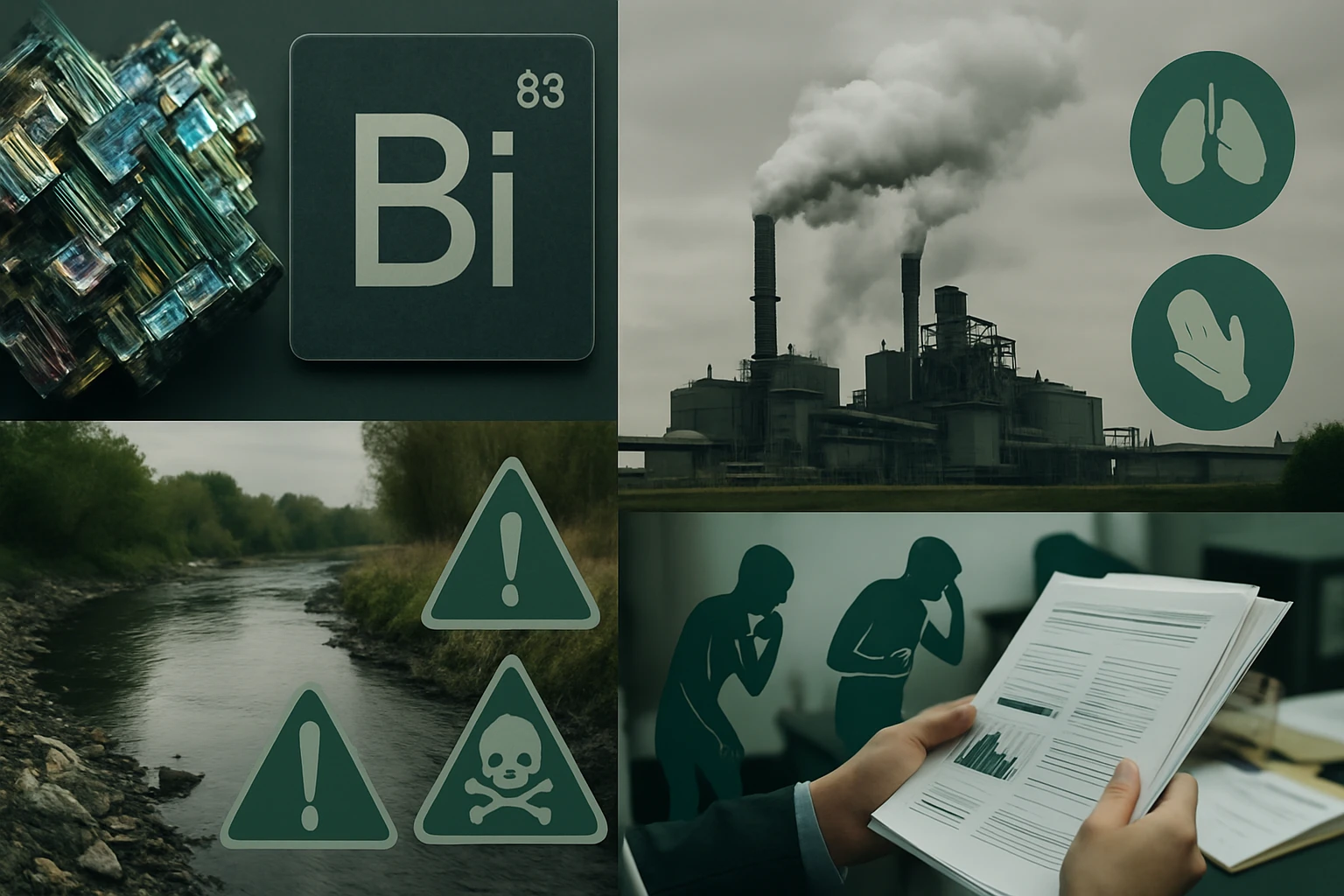 Obrázok zobrazuje znečistené prostredie s priemyselnými emisiami a varovnými symbolmi.