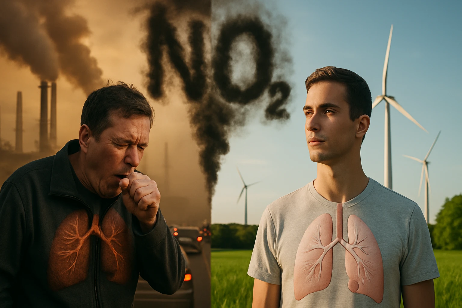Muž kašle a má problém s dýchaním v znečistenom prostredí, zatiaľ čo druhý muž stojí v čistej prírode.