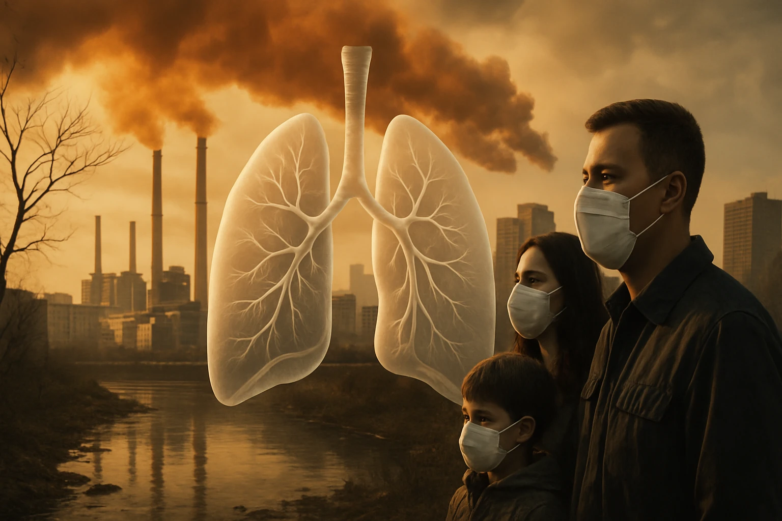 Rodina s ochrannými rúškami pred znečistenou krajinou a pľúcami v pozadí.