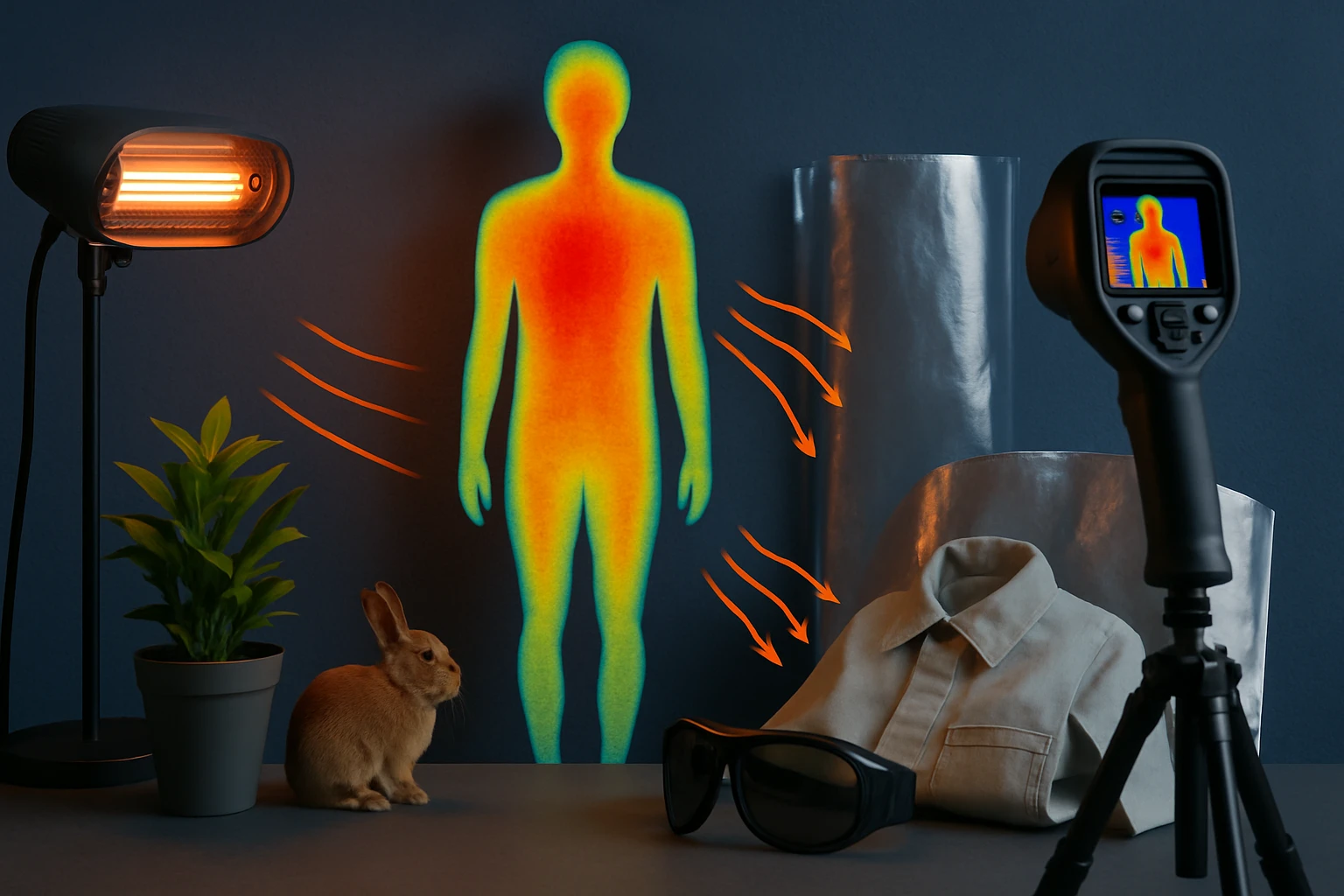 Na obrázku je teplomer snímajúci teplo vyžarujúce z postavy a okolo sú rôzne predmety.