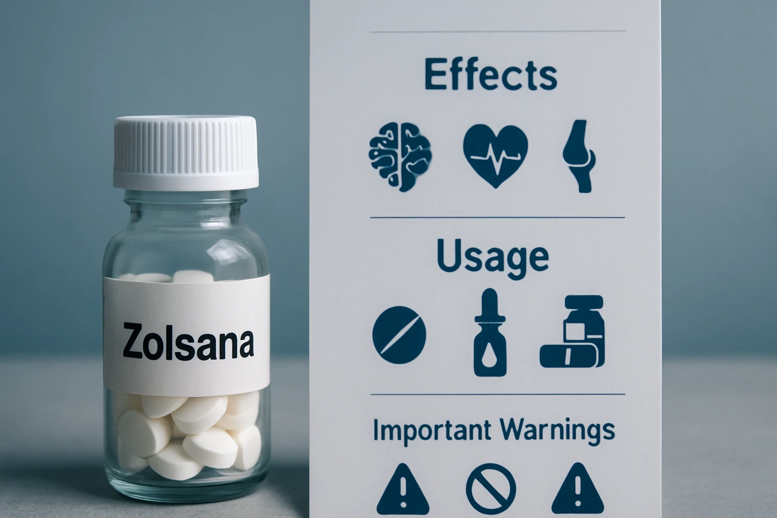 Sklenená fľaša s bielymi tabletami označená ako Zolsana a informačný leták.