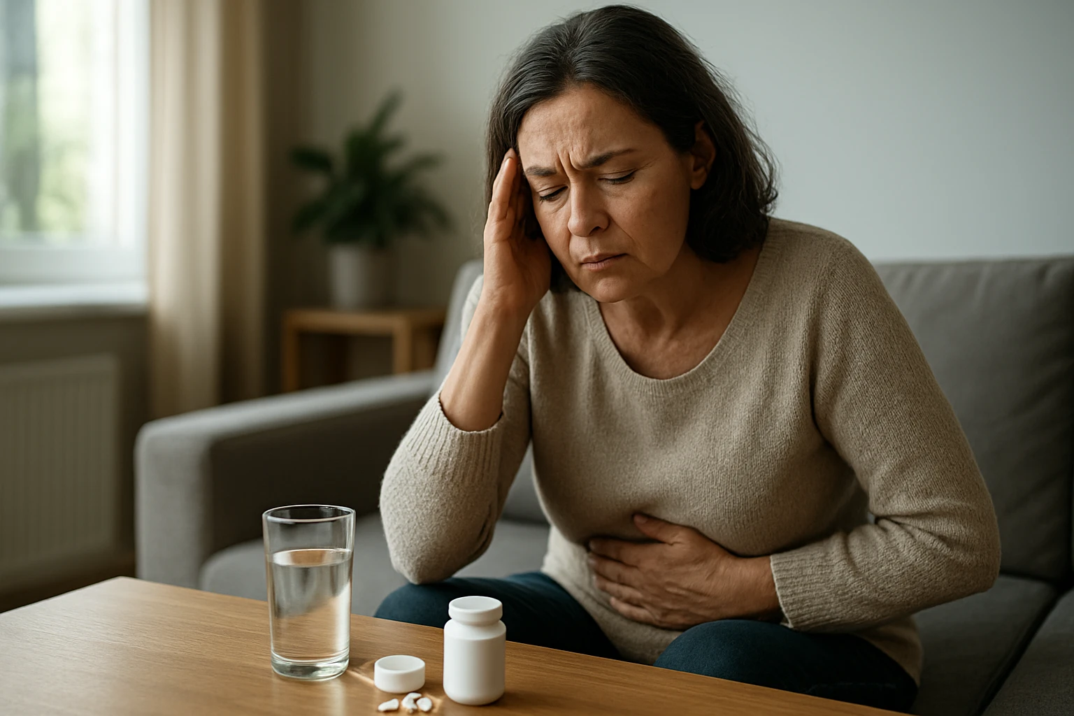 Žena so zlým pocitom, drží sa za hlavu a brucho, vedľa má lieky a pohár vody.