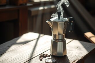 Moka kanvička s dymom pripravujúcim čerstvú kávu na stole