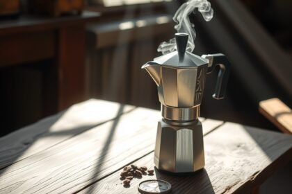 Moka kanvička s dymom pripravujúcim čerstvú kávu na stole