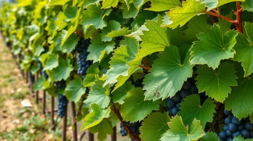 Viničné listy a hrozno na vinohrade
