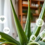 Aloe vera plant with wellness icons representing health benefits.