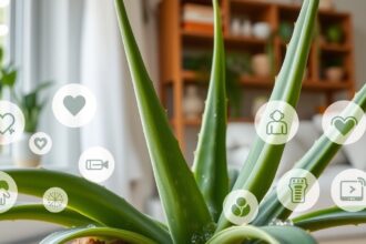 Aloe vera plant with wellness icons representing health benefits.