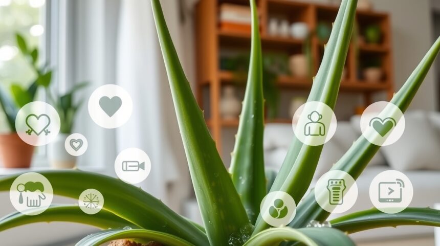 Aloe vera plant with wellness icons representing health benefits.