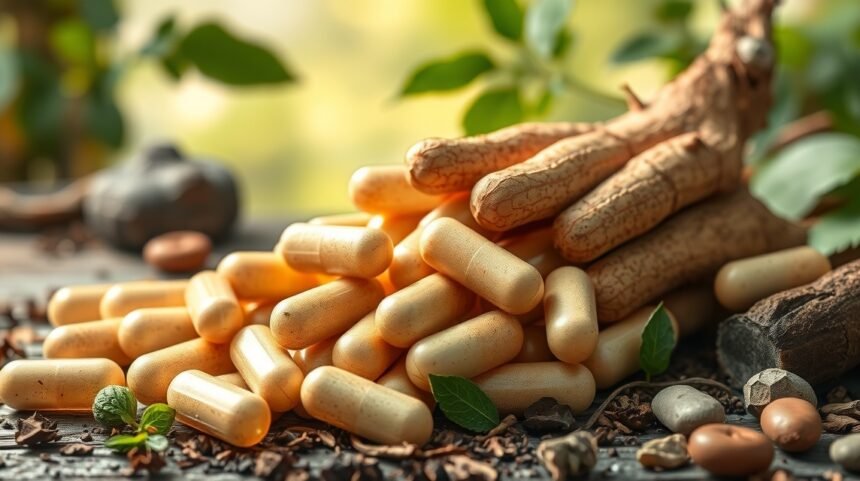 Doplnky z divého jamu a korene na pozadí prírody