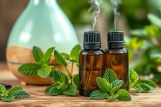 Éterické oleje z mäty fóliovej s difuzérom a čerstvými lístkami mäty.
