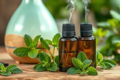 Éterické oleje z mäty fóliovej s difuzérom a čerstvými lístkami mäty.