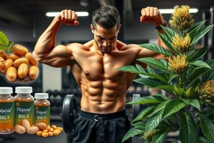 Muž pred zrkadlom predstavujúci svalový výkon a doplnky stravy.