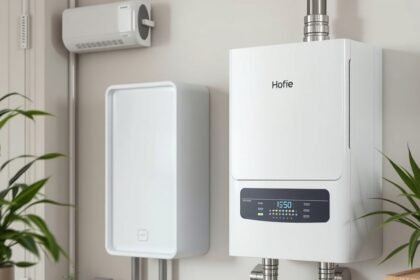 Moderný elektrický bojler na stene s digitálnym ovládaním.