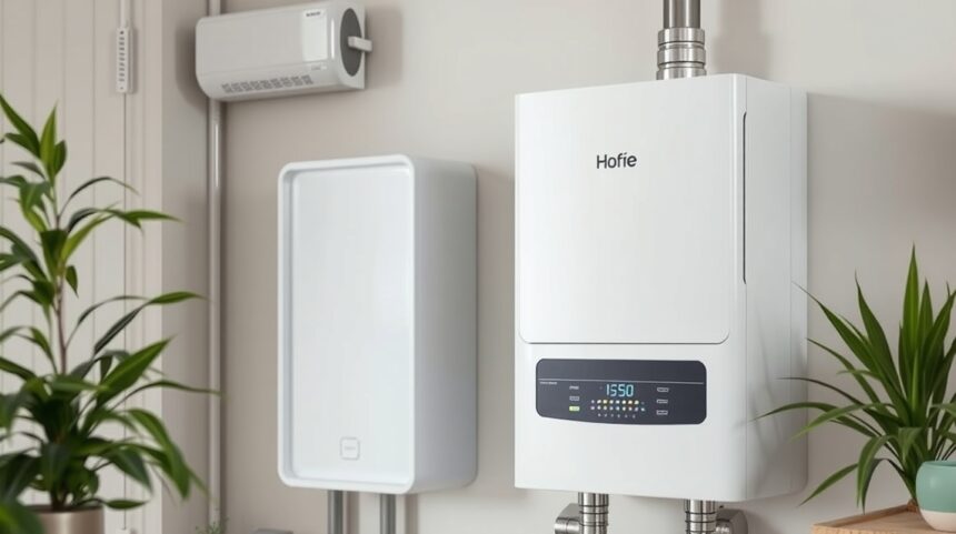 Moderný elektrický bojler na stene s digitálnym ovládaním.