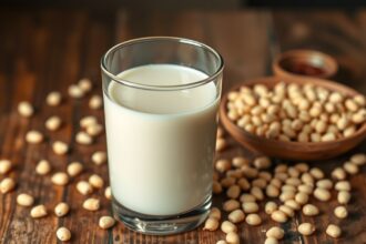 Porcia sójového mlieka v sklenici a sójové boby na drevenom stole