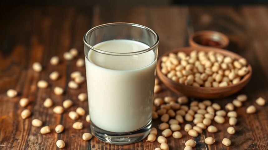 Porcia sójového mlieka v sklenici a sójové boby na drevenom stole