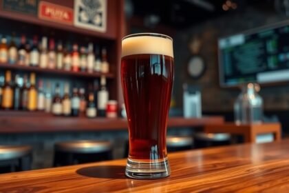 Pohár piva na drevenom stole v barovom prostredí