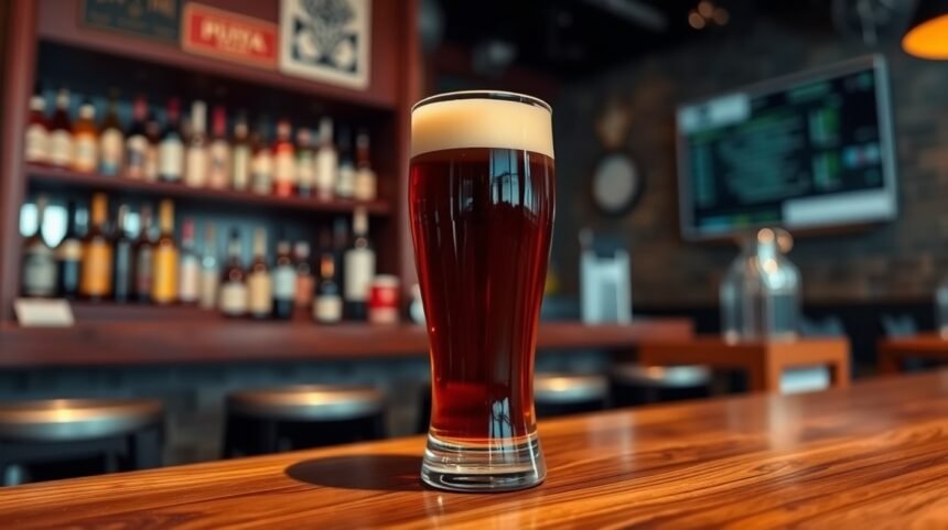 Pohár piva na drevenom stole v barovom prostredí