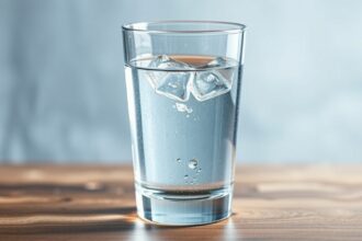 Pohár s destilovanou vodou a ľadom na drevenom stole.