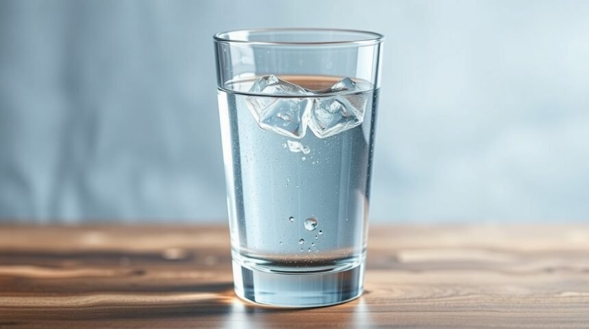Pohár s destilovanou vodou a ľadom na drevenom stole.