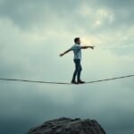 Muž vyvažujúci na laně, symbolizujúci stabilitu a rovnováhu v zdraví.